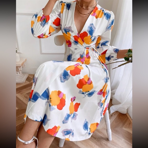 Boho Water Color Abstract Print Wrap Dress - Picture 5 of 7